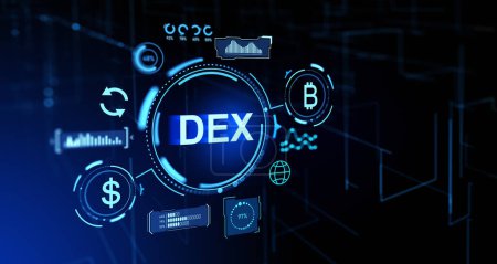 Photo for Decentralized finance hologram, DEX hud with bitcoin and dollar symbol. Cryptocurrency and financial statistics. Concept of money exchange and internet banking. 3D rendering illustration - Royalty Free Image
