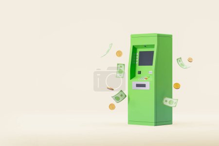 Foto de Cajero automático verde con billetes y monedas volando, fondo beige vacío. Concepto de transferencia de dinero, banca, pago y efectivo. Ilustración de representación 3D - Imagen libre de derechos