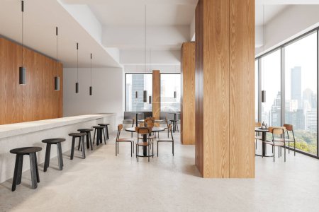 Foto de Elegante restaurante interior con sillas y mesa redonda, columna sobre piso de hormigón. Bar o cafetería con mostrador y ventana panorámica de los rascacielos de Nueva York. Renderizado 3D - Imagen libre de derechos