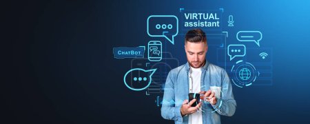 Portrait of serious young man using smartphone with AI artificial intelligence chat bot over dark blue copy space background. Concept of virtual assistant and machine learning