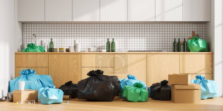 Téléchargez les photos : Intérieur de la cuisine dans l'appartement, sacs en plastique et boîtes avec des bouteilles et des tasses sur le comptoir. Concept de nettoyage de maison sale et de tri des déchets. Illustration de rendu 3D - en image libre de droit