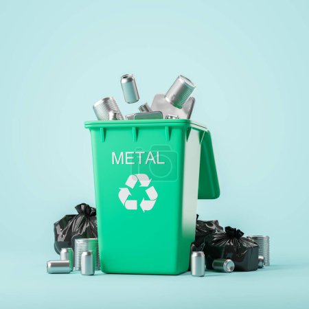 Téléchargez les photos : Vue de poubelle verte pleine de déchets métalliques sur fond vert clair. Concept de recyclage et de collecte séparée des déchets. Rendu 3d - en image libre de droit