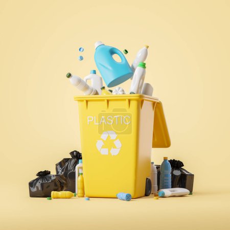 Photo for Yellow container filled with plastic bottles flying on bright background. Concept of separate waste collection, garbage recycle and detergent trash. 3D rendering illustration - Royalty Free Image