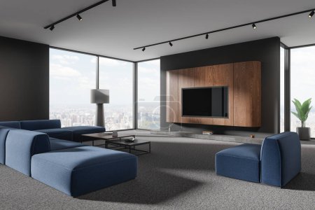 Photo for Corner of stylish living room with gray and wooden walls, carpeted floor, comfortable blue couch and armchair standing near coffee tables and TV set on the wall. 3d rendering - Royalty Free Image