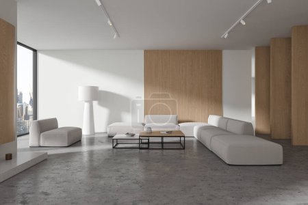 Foto de Casa blanca y de madera salón interior con sofá y mesa de centro, ventana panorámica a los rascacielos de Nueva York. Elegante zona de salón en apartamento de lujo. Renderizado 3D - Imagen libre de derechos