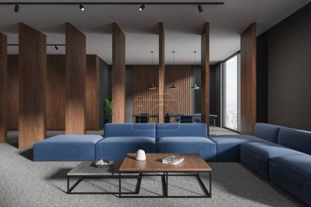 Photo for Stylish home living room interior with blue sofa and coffee table, wooden panels divider. Eating space with table and chairs near panoramic window on city view. 3D rendering - Royalty Free Image