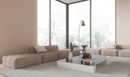 Foto de Acogedor interior de la sala de estar con sofá y mesa de centro, vista lateral decoración elegante y alfombra en el suelo. Lounge corner con ventana panorámica en los trópicos. Renderizado 3D - Imagen libre de derechos