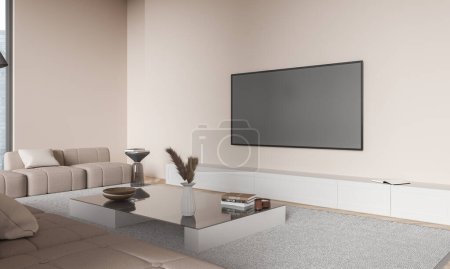 Foto de Interior de la sala de estar en casa beige con sofá, consola de TV vista lateral con mesa de centro y decoración. Diseño minimalista de lujo de lugar de relax en el apartamento. Renderizado 3D - Imagen libre de derechos