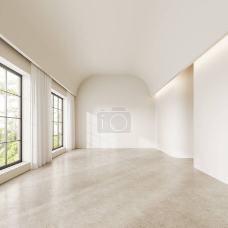 Téléchargez les photos : Intérieur lumineux et vide du salon avec sol en béton beige, plafond voûte et fenêtre panoramique sur les tropiques avec rideaux. Pas de meubles, pas de gens. rendu 3D - en image libre de droit