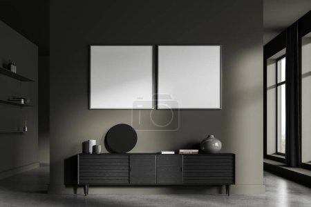 Photo for Interior of stylish living room with gray walls, concrete floor, dark wooden dresser with vase and mirror and two square mock up posters hanging on the wall. 3d rendering - Royalty Free Image
