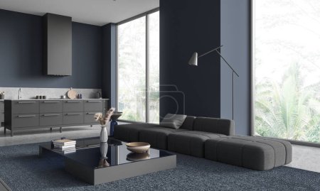 Photo for Interior of stylish living room with blue walls, concrete floor, comfortable gray couch standing near coffee table and kitchen with gray island in the background. 3d rendering - Royalty Free Image