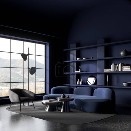 Photo for Dark blue living room interior with sofa and armchair, side view coffee table with stylish decoration and carpet on grey granite floor. Panoramic window on countryside. 3D rendering - Royalty Free Image