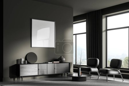 Photo for Corner of stylish living room with gray walls, concrete floor, dark wooden dresser with vase and mirror, two cozy armchairs and square mock up poster hanging on the wall. 3d rendering - Royalty Free Image