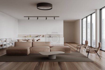 Foto de Interior de la elegante sala de estar con paredes blancas, suelo de madera, acogedor sofá beige y sillones de pie cerca de la mesa de café y cocina con armarios y mesa de comedor en el fondo. renderizado 3d - Imagen libre de derechos