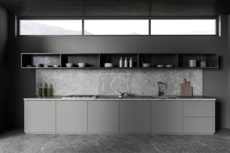 Photo for Interior of stylish kitchen with gray walls, concrete floor, comfortable gray cabinets with built in cooker and sink and cozy shelves hanging above them. 3d rendering - Royalty Free Image