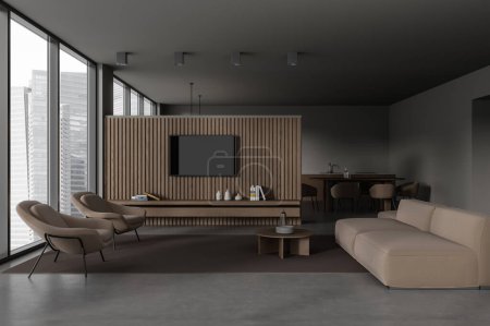 Foto de Interior del estudio en casa oscura con sofá y consola de tv, partición de pared y alfombra en el suelo. Espacio para relajarse y cocinar con espacio para comer y ventana panorámica en los rascacielos. Renderizado 3D - Imagen libre de derechos