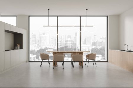 Photo for Interior of modern kitchen with white walls, concrete floor, wooden cabinets, gray cupboard and long dining table with chairs standing near panoramic window. 3d rendering - Royalty Free Image
