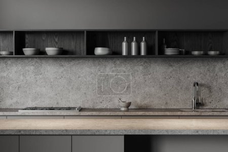 Photo for Dark home kitchen interior with sink and stove, dishes and plates in shelf. Closeup of bar counter and minimalist cooking area in modern apartment. 3D rendering - Royalty Free Image