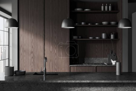 Photo for Dark luxury home kitchen interior with stone bar counter, stove and wooden cabinet. Stylish cooking room design in modern apartment with panoramic window on skyscrapers. 3D rendering - Royalty Free Image