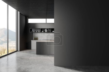 Photo for Dark hotel kitchen interior with bar island and shelves, grey concrete floor. Stylish cooking space in modern apartment with panoramic window on countryside. Mockup empty wall partition. 3D rendering - Royalty Free Image