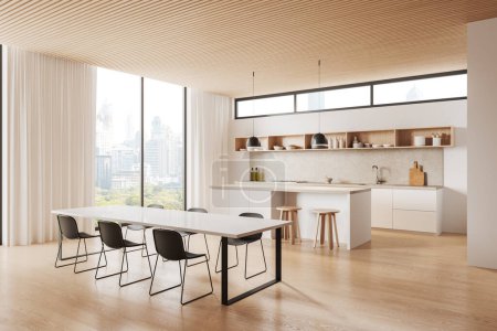 Photo for Modern home kitchen interior with eating table and bar counter, side view. Cooking corner with shelves and kitchenware. Panoramic window on New York skyscrapers. 3D rendering - Royalty Free Image