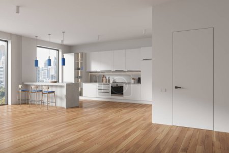 Photo for Modern home kitchen interior with bar counter and stool, side view invisible door and cooking corner with cabinet. Panoramic window on New York skyscrapers. 3D rendering - Royalty Free Image