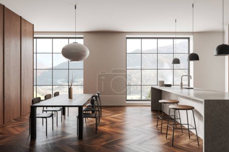 Photo for White and wooden home kitchen interior with dining table and bar counter. Modern cooking and dining space with panoramic window on countryside. 3D rendering - Royalty Free Image