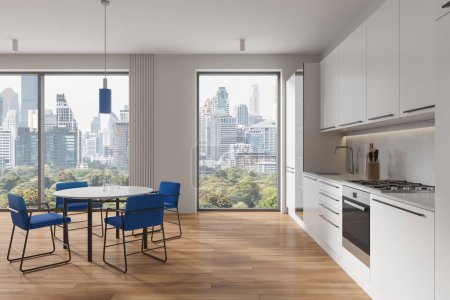 Photo for White home kitchen interior with dining table and armchairs, cooking zone with cabinet and refrigerator. Panoramic window on New York skyscrapers. 3D rendering - Royalty Free Image