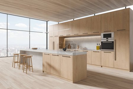 Photo for Luxury wooden home kitchen interior with bar island and stool, side view cooking cabinet with oven and kitchenware, eating corner near panoramic window on skyscrapers. 3D rendering - Royalty Free Image