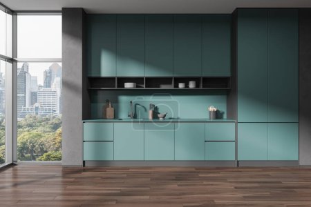 Photo for Interior of stylish kitchen with gray and green walls, wooden floor, green cupboards and cabinets with built in cooker and sink. 3d rendering - Royalty Free Image