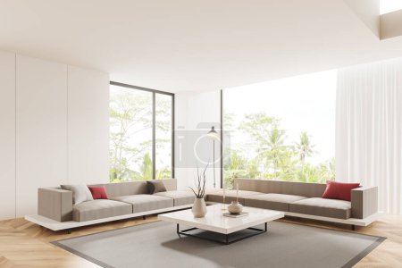 Foto de Esquina de la moderna sala de estar con paredes blancas, suelo de madera, dos cómodos sofás blancos de pie en la alfombra cerca de grandes ventanales y mesa de centro cuadrada blanca. renderizado 3d - Imagen libre de derechos