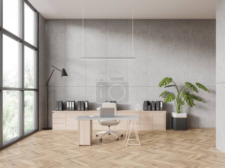 Photo for Light business room interior with laptop on work table, armchair on hardwood floor. Stylish wooden drawer with documents and plant, panoramic window on tropics. 3D rendering - Royalty Free Image