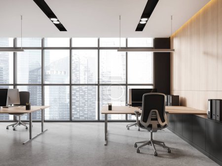 Téléchargez les photos : Intérieur de bureau moderne avec chaises et ordinateurs PC, sol en béton gris. Salle de coworking minimaliste avec buffet et fenêtre panoramique sur les gratte-ciel de Singapour. rendu 3D - en image libre de droit