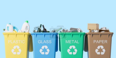 Téléchargez les photos : Vue de quatre poubelles avec différents types d'ordures sur fond bleu. Concept de recyclage et de collecte séparée des déchets. Rendu 3d - en image libre de droit