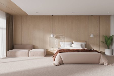 Photo for Beige wooden hotel bedroom interior with bed and sofa on carpet, nightstand with decoration and plant. Panoramic window with tulle and curtain. 3D rendering - Royalty Free Image