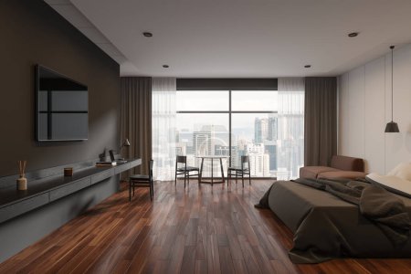 Photo for Dark modern hotel bedroom interior bed and eating table with chairs, tv screen and sideboard. Stylish relax room with panoramic window on Kuala Lumpur. 3D rendering - Royalty Free Image