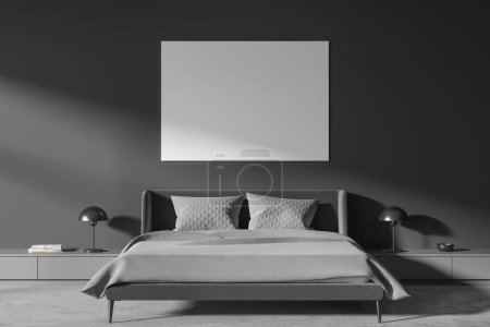 Photo for Interior of stylish master bedroom with gray walls, concrete floor, comfortable king size bed with two gray bedside tables and horizontal mock up poster. 3d rendering - Royalty Free Image