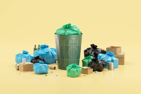 Photo for Overflowed green trash bin with plastic bags and litter, yellow background. Concept of garbage, unsorted waste and pollution. 3D rendering illustration - Royalty Free Image
