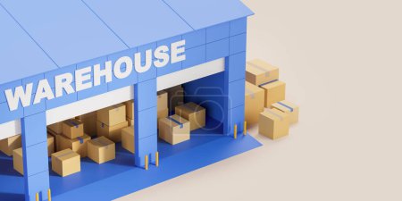 Foto de Vista de almacén azul lleno de cajas de cartón sobre fondo blanco. Concepto de envío de mercancías, entrega, logística y almacenamiento. renderizado 3d - Imagen libre de derechos
