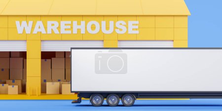 Photo for Mockup copy space truck and yellow warehouse with parcels, loading and shipping of goods. Concept of delivery service and logistics. 3D rendering illustration - Royalty Free Image