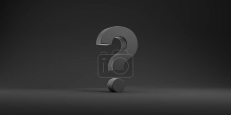 Photo for Black big question mark on empty dark wide format background. Concept of idea, problem, solution, knowledge, mystery and search for answer. 3D rendering illustration - Royalty Free Image