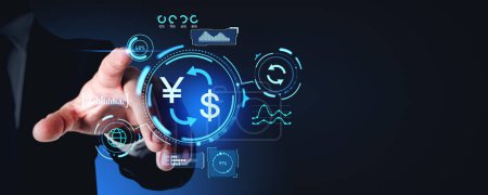 Businessman hand finger touching dollar and yen or yuan icons, graph chart and transaction hologram with lines and indicators. Concept of money exchange and transfer