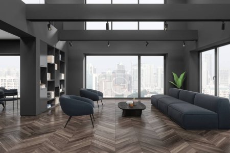 Foto de Interior de la elegante sala de estar con paredes grises, suelo de madera oscura, dos cómodos sillones grises y sofá de pie cerca de la mesa de centro y librería gris. renderizado 3d - Imagen libre de derechos