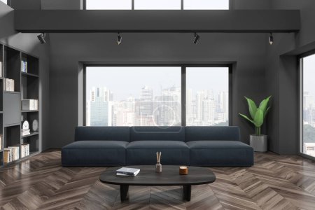 Foto de Interior de la elegante sala de estar con paredes grises, suelo de madera oscura, cómodo sofá gris de pie cerca de la mesa de centro de madera y librería gris. renderizado 3d - Imagen libre de derechos