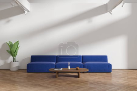 Foto de Elegante hogar interior de la sala de estar con sofá azul y mesa de centro, decoración minimalista y planta. Zona de salón con simulacro de espacio de copia de pared en blanco. Renderizado 3D - Imagen libre de derechos