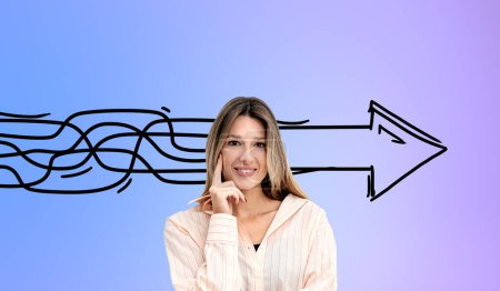 Photo for Pensive and smiling beautiful woman with finger on temple, doodle sketch of chaotic lines making an arrow. Concept of plan, strategy, structure, mess and mindset - Royalty Free Image