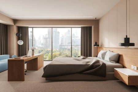 Photo for Cozy home bedroom interior with bed, workspace and chair with wood table. Sleep and work zone with sofa and panoramic window on New York skyscrapers. 3D rendering - Royalty Free Image