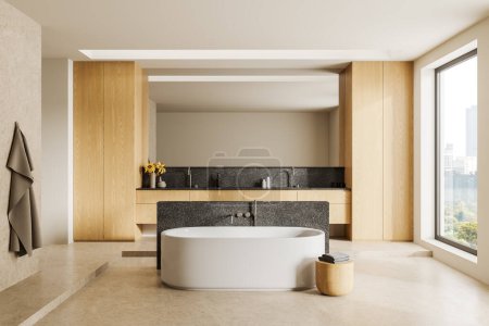 Foto de Interior de madera y beige baño en casa con bañera, pared de granito acento. Dos lavabos con accesorios y tocador. Ventana panorámica de los rascacielos de Nueva York. Renderizado 3D - Imagen libre de derechos