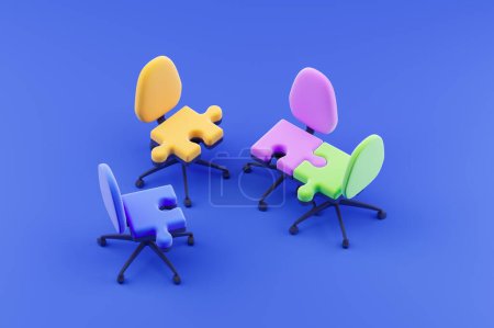 Téléchargez les photos : Vue du dessus de quatre chaises de bureau colorées, pièces de puzzle assorties sur fond bleu. Concept de partenariat d'affaires, travail d'équipe et négociation. Illustration de rendu 3D - en image libre de droit