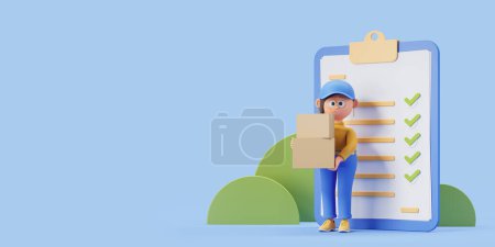 Photo for View of cartoon woman courier standing with cardboard boxes near big clipboard with delivery list over blue copy space background. Concept of goods delivery. 3d rendering - Royalty Free Image